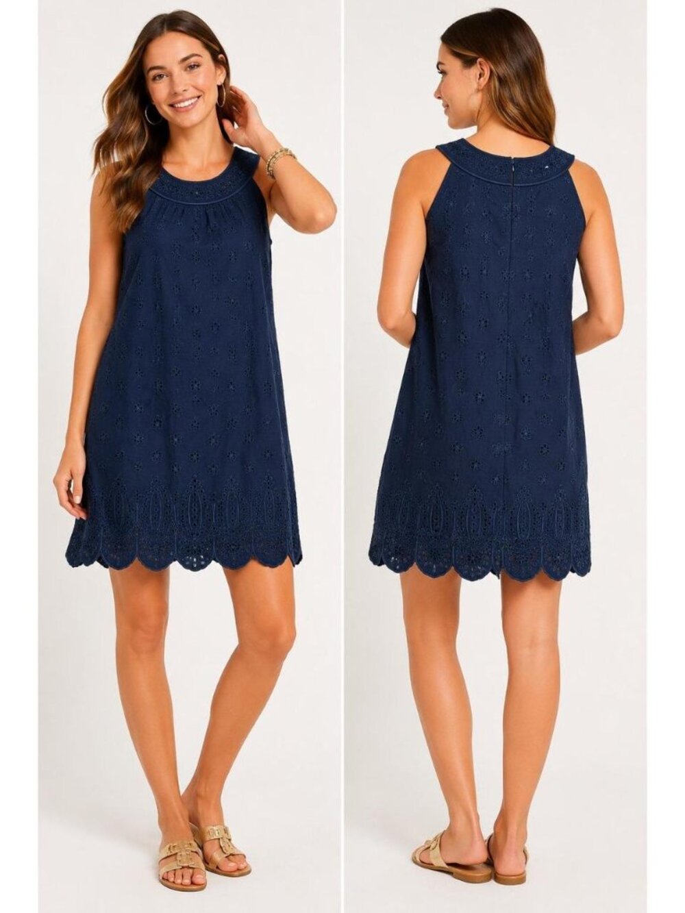 Vineyard Vines Navy Blue Sleeveless Embroidered Scallop hem Shift Dress